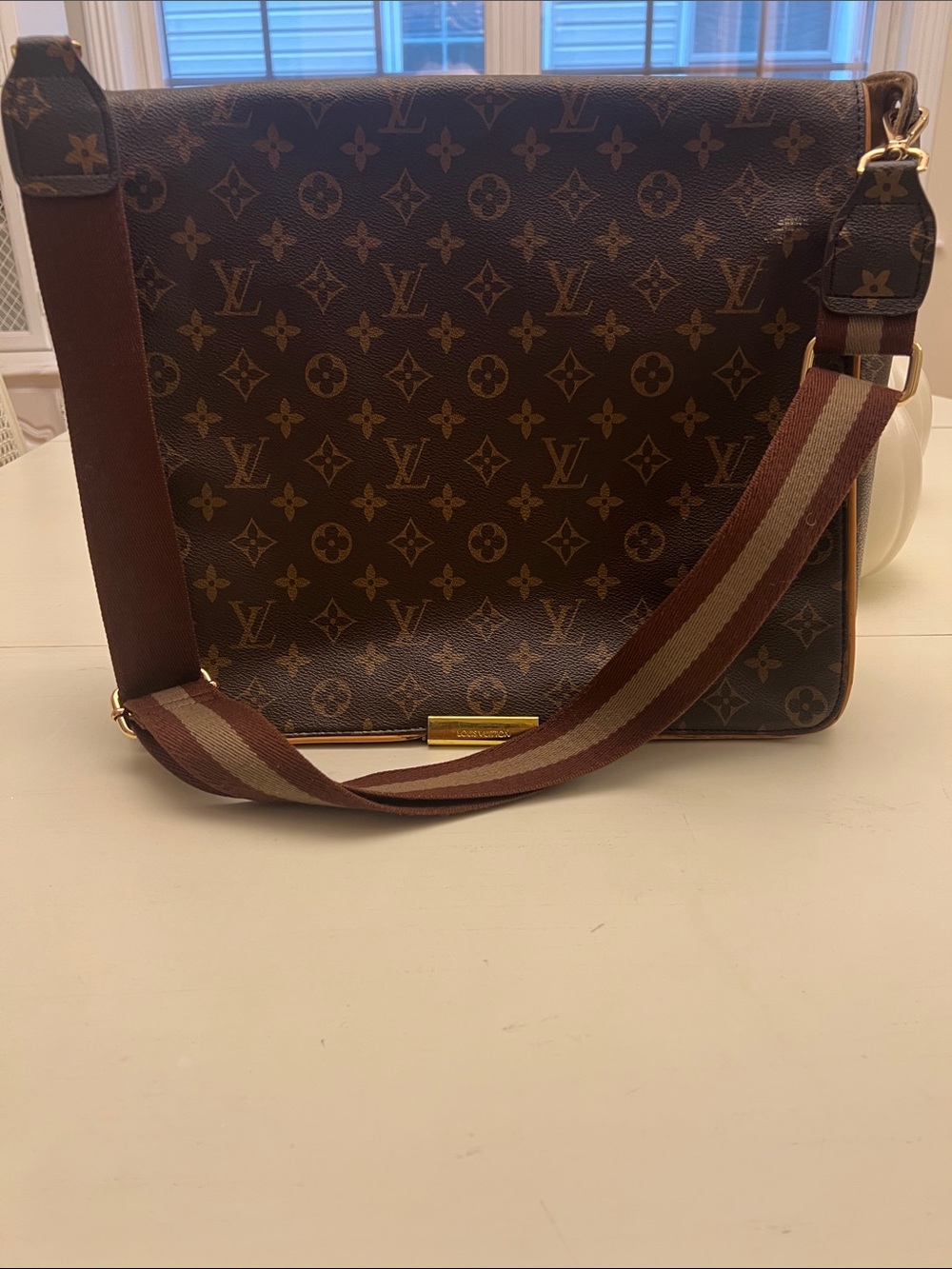 Source Unknown Brown Monogram Laptop Messenger Bag with Striped Strap